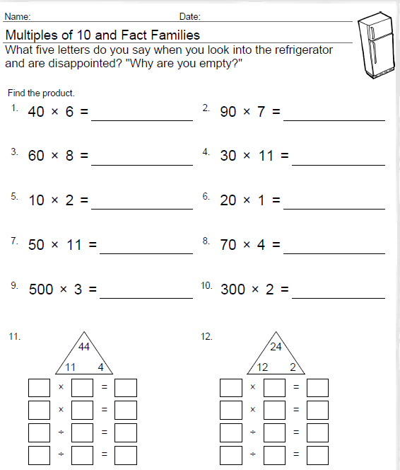 3rd Grade Math Worksheets Multiples Of Ten